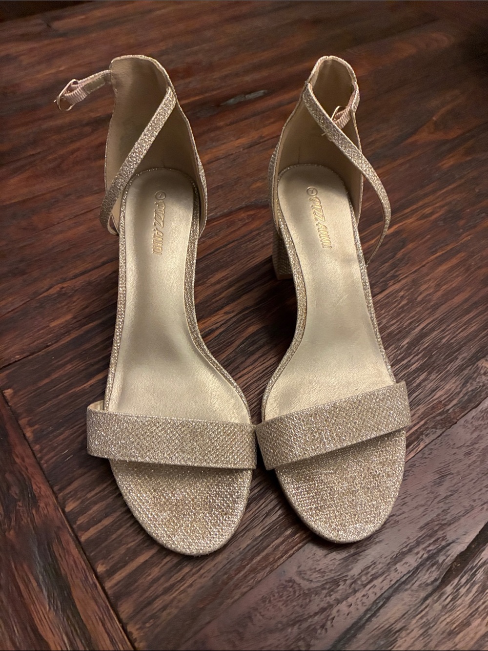 Pizz Annu Gold Glitter Ankle-Strap Block Heels